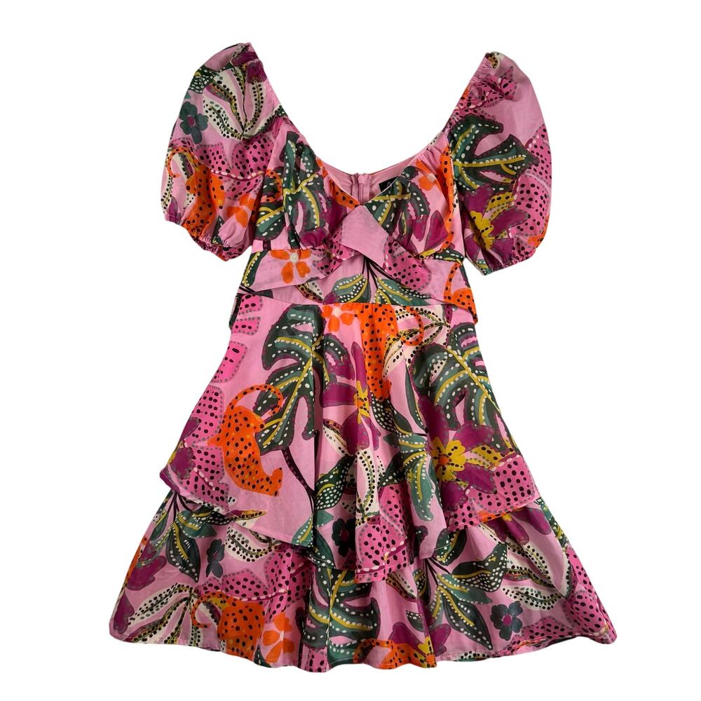 Crystal Sky Women’s S Tiered Mini Dress Pink Ruffle V-Neck Tropical Print Resort - Picture 2 of 9
